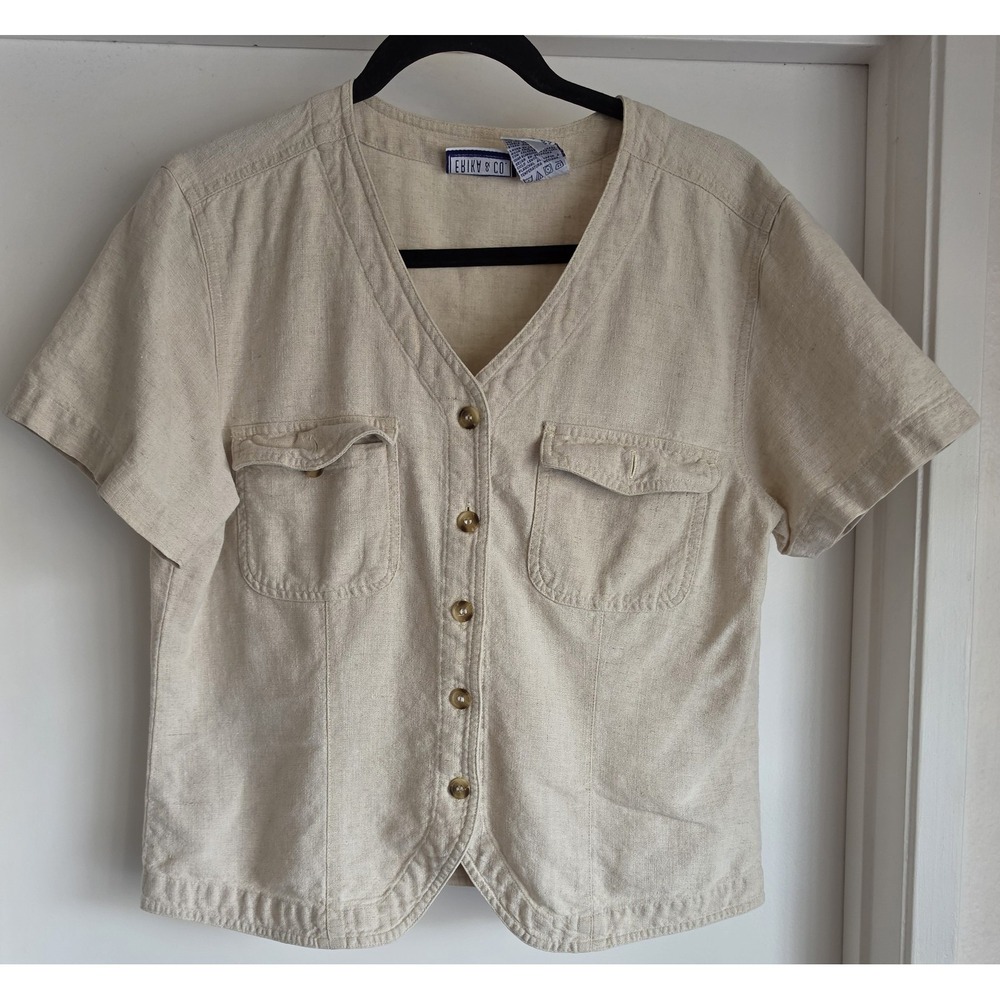 VTG Erika & Co. Linen Cotton Blend Blouse M Beige Solid Short Sleeve Top Shirt